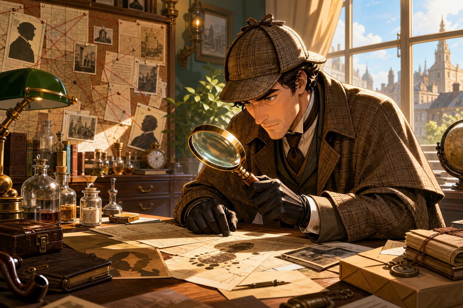 A Sherlock-style detective examining clues with a magnifying glass in a bright investigation room
