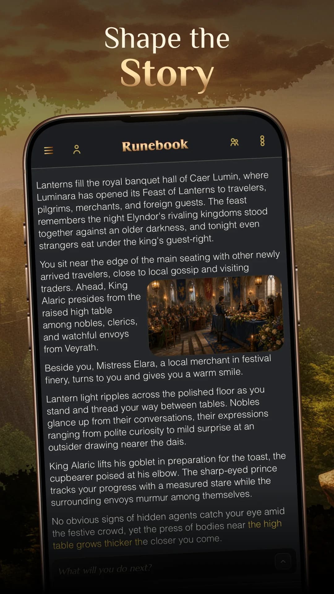 Runebook mobile story showing narrative text wrapped around a scene image