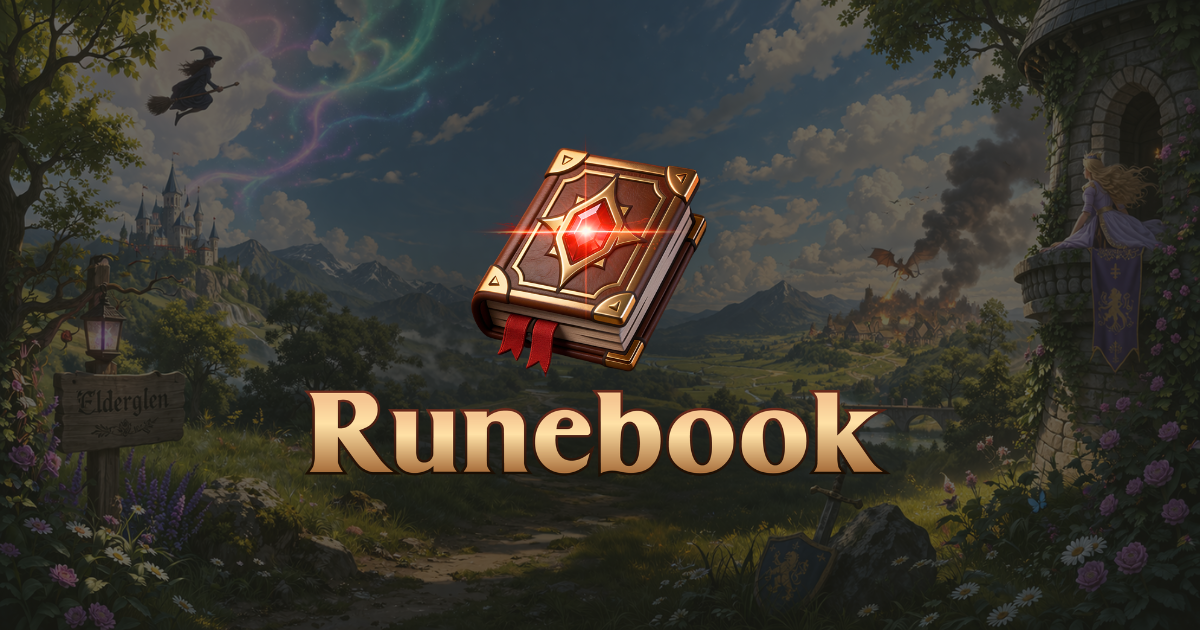 Runebook story world with a glowing storybook at the center.