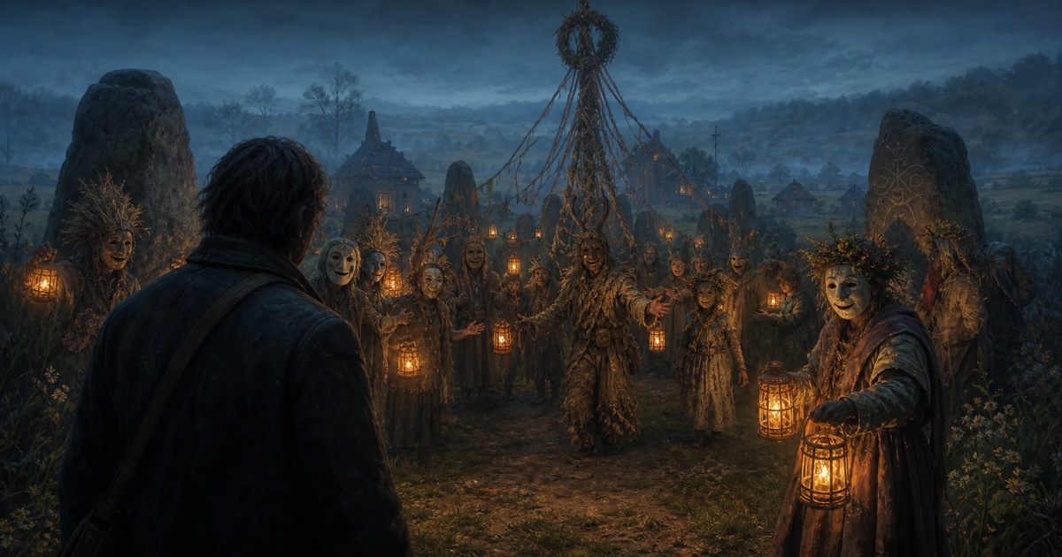 Smiling masked villagers welcome an outsider with lanterns at a misty folk festival among standing stones.