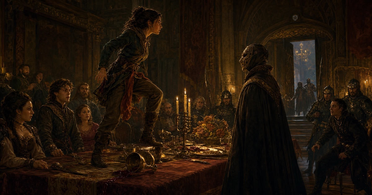 A protagonist stands on a banquet table confronting a masked envoy as every guest and guard reacts.