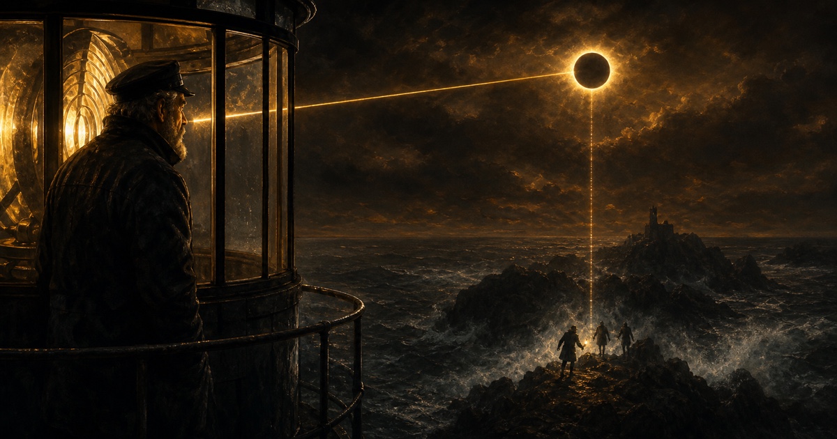 A lighthouse keeper watches three figures cross stormy black rocks beneath a total eclipse.