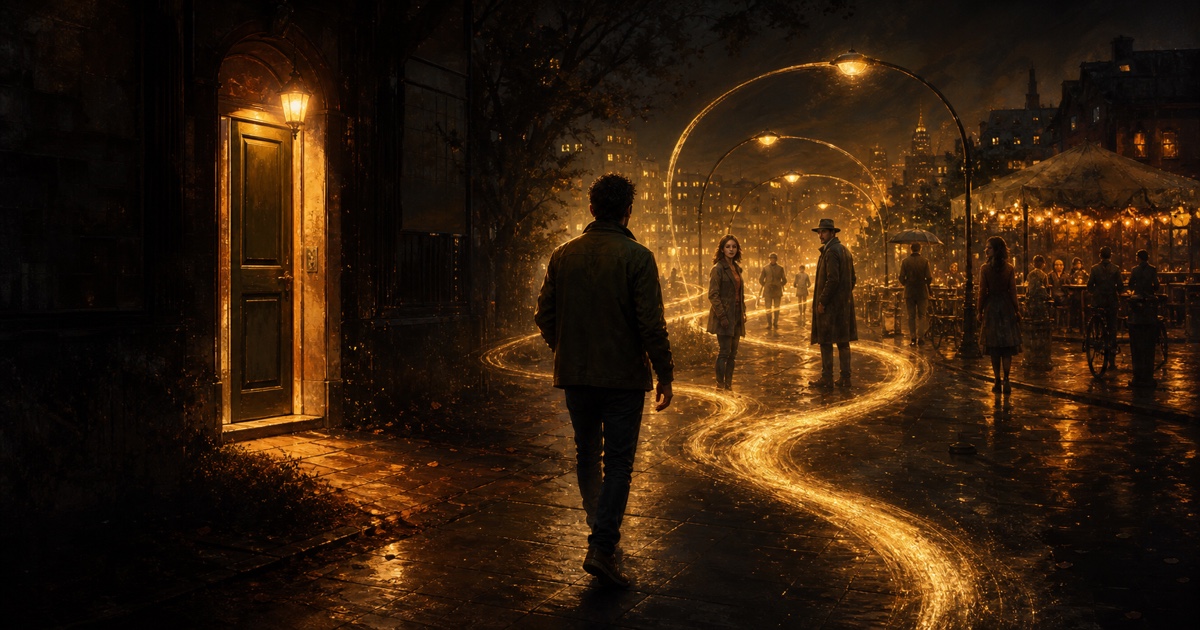 A lone pedestrian follows branching golden paths through a rain-dark city as people and places turn toward him.