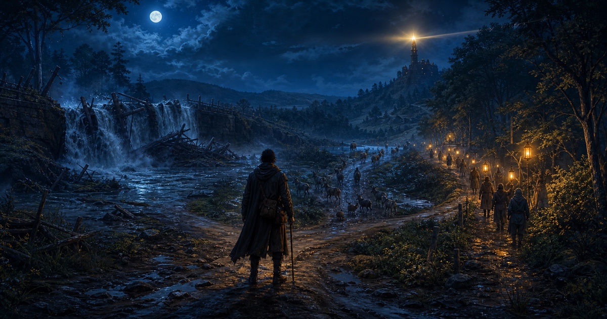 A traveler faces a moonlit crossroads shaped by a broken dam, migrating animals, lantern bearers, and a distant signal tower.