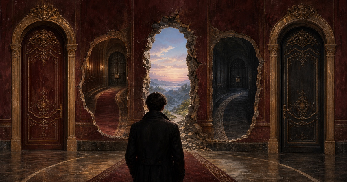 A figure faces ornate false doors and hidden corridors while one broken opening leads to a different landscape.