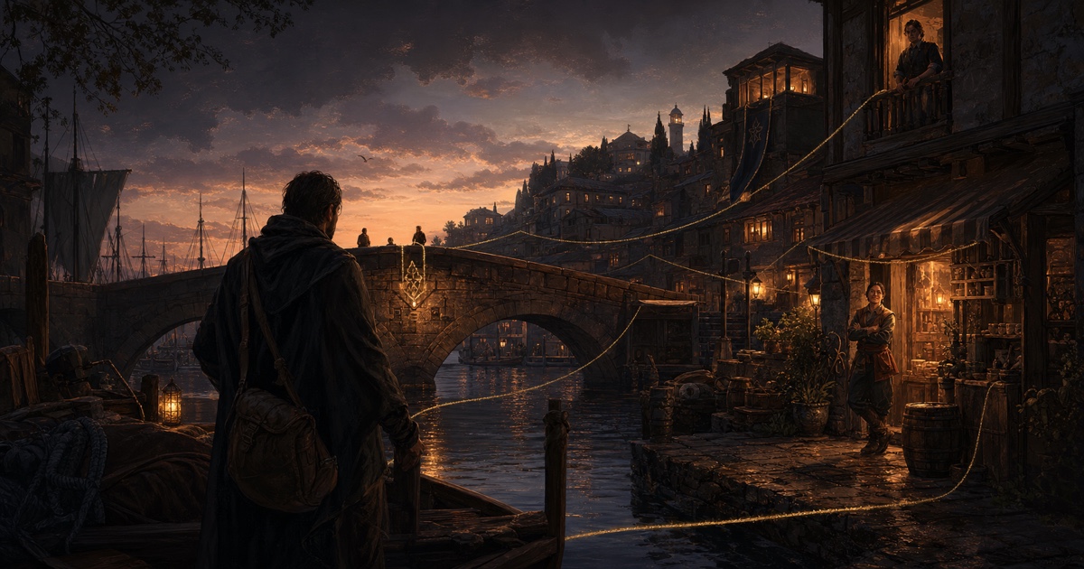 A traveler returns to a harbor town where people, shops, and a repaired bridge reflect earlier choices.