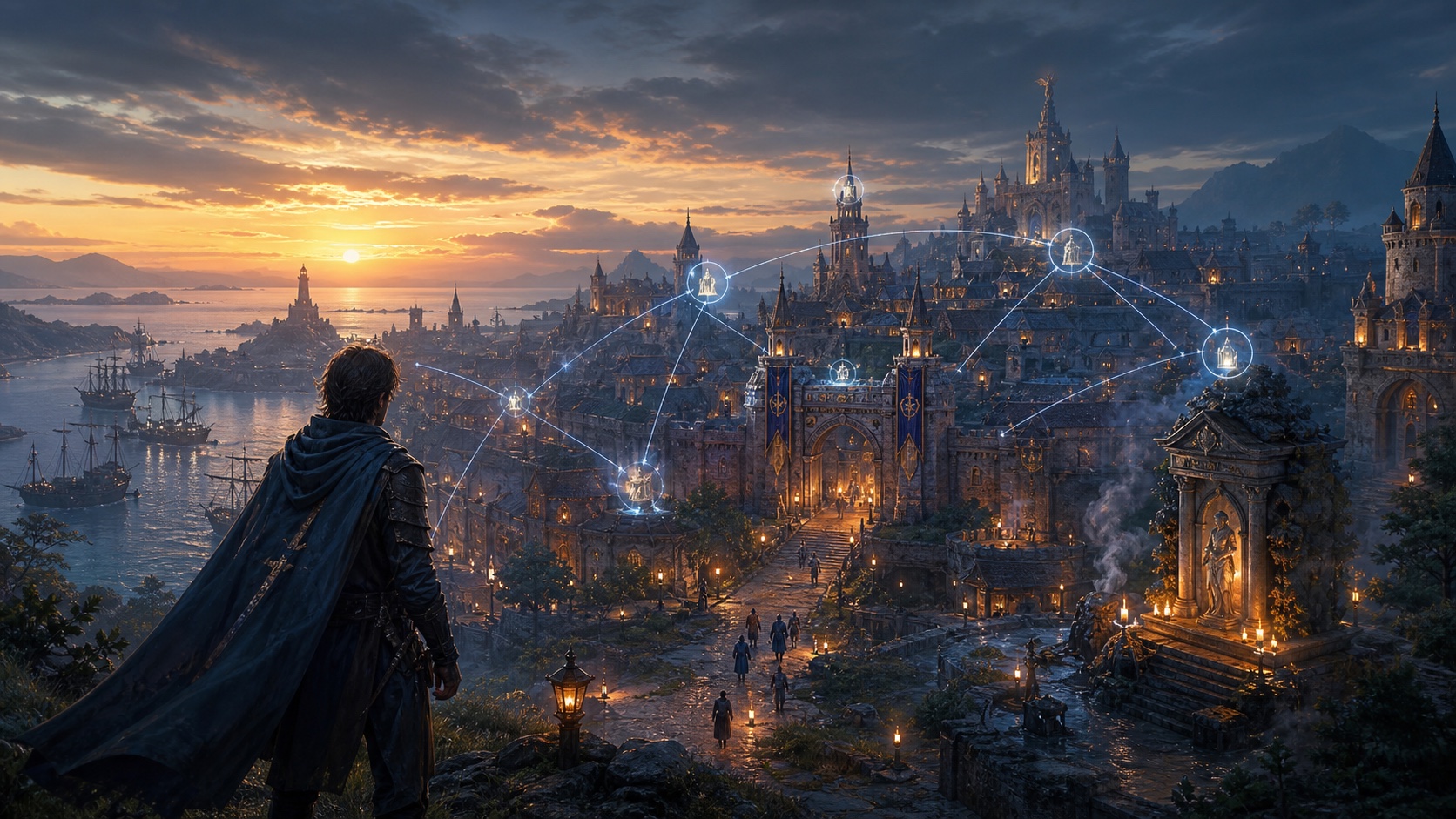 Harbor city at dusk with memory-like threads connecting remembered story consequences.