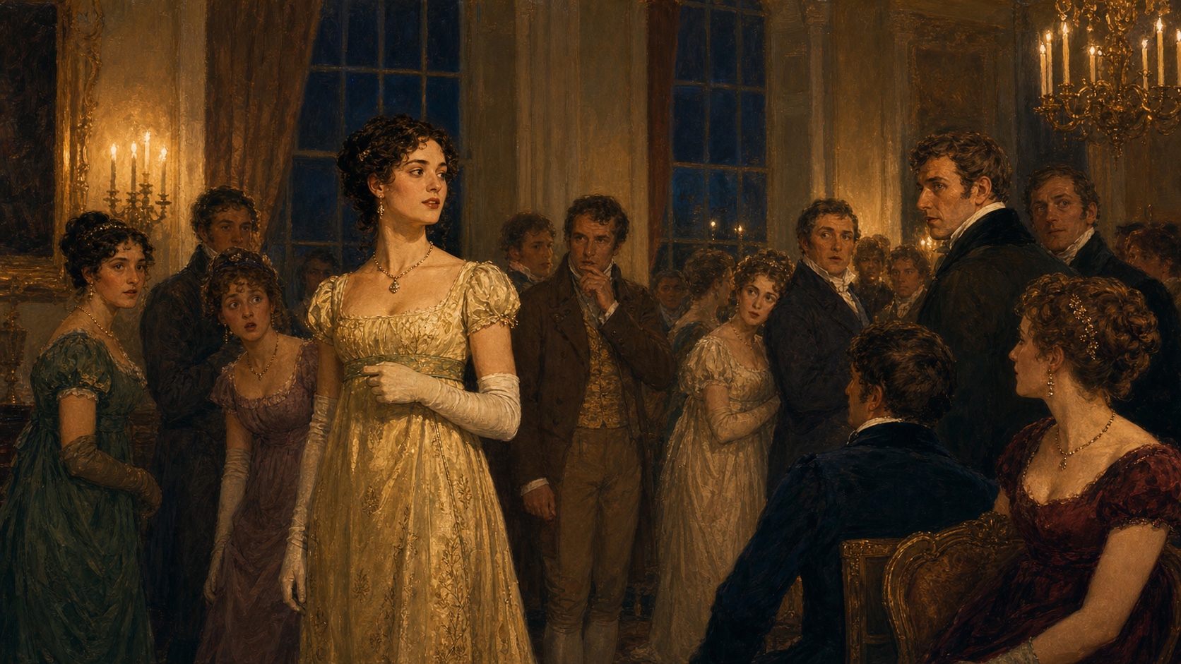 A Regency-era assembly pauses after a young woman makes an unexpectedly bold remark.
